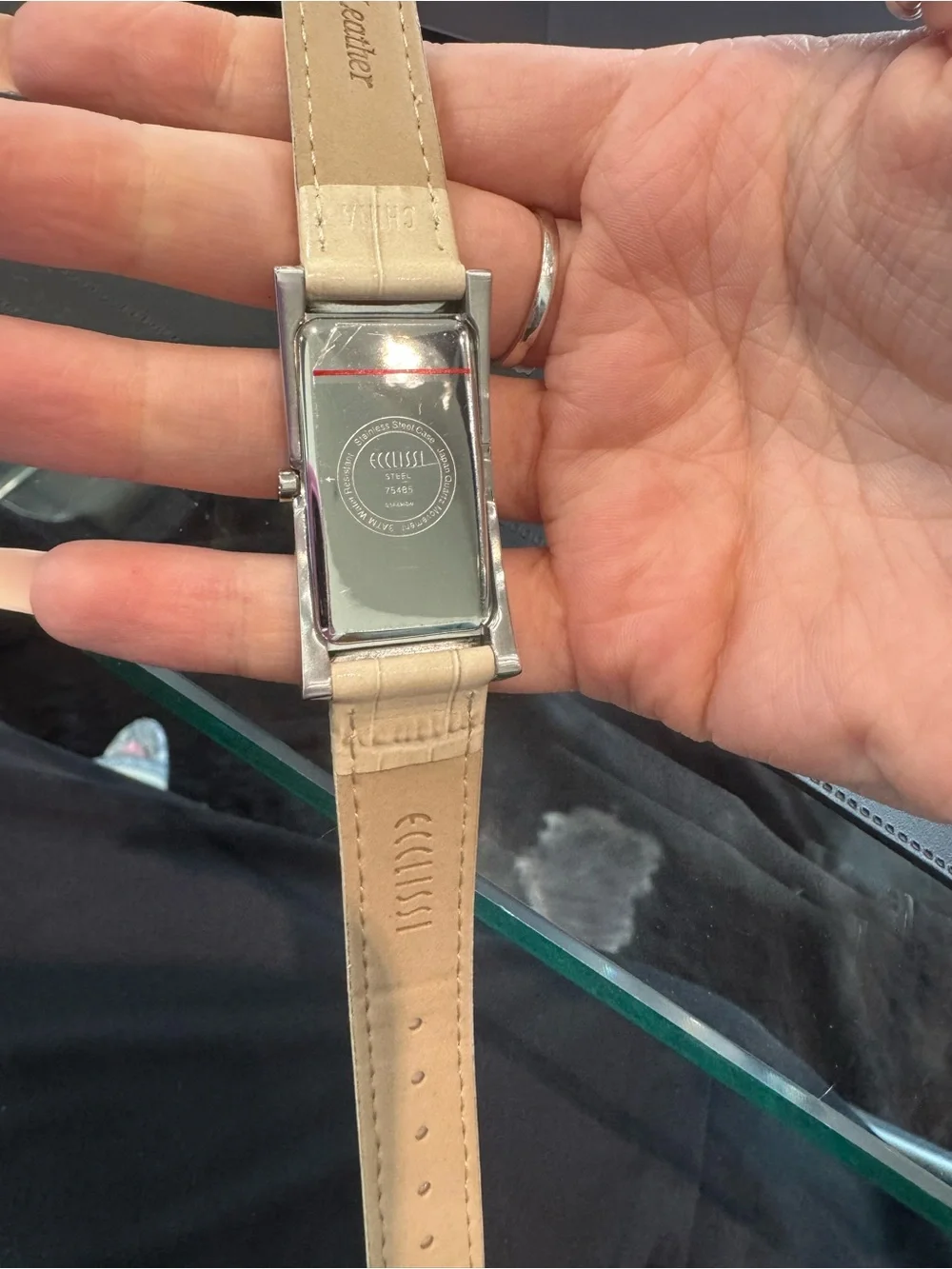 New Vintage Ecclissi rectangular steel watch w/  cream gator strap